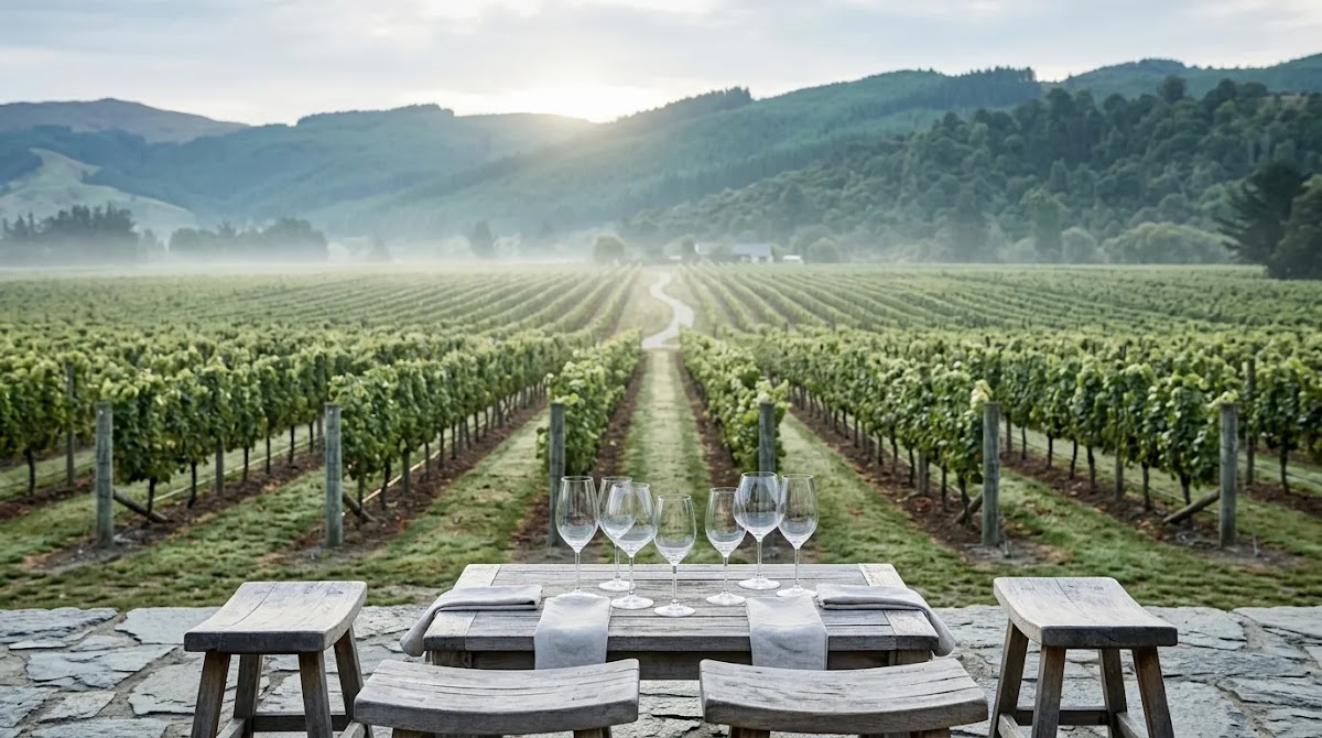 Best New Zealand wine Hong Kong guide illustrated by a misty premium New Zealand vineyard landscape
