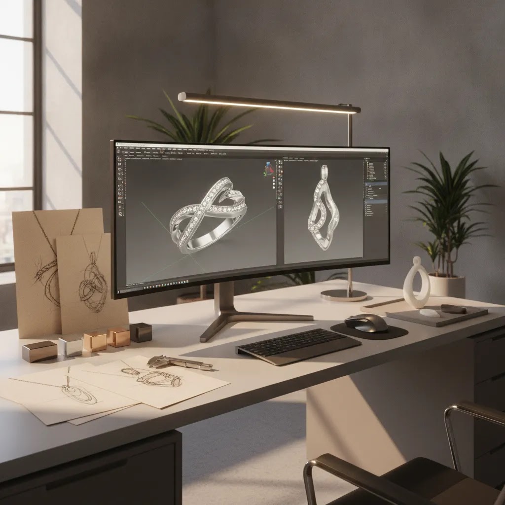 3d jewelry design workflow with CAD model, sketches, and prototype jewelry in a luxury studio