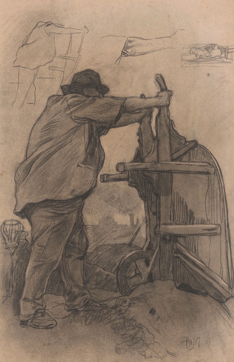 Arbeider die een kruiwagen omkeert 19th century