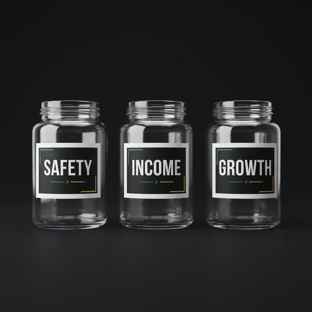 Three clear glass jars labeled Safety Income Growth on a dark minimalist background representing passive income buckets in Finance Police brand colors