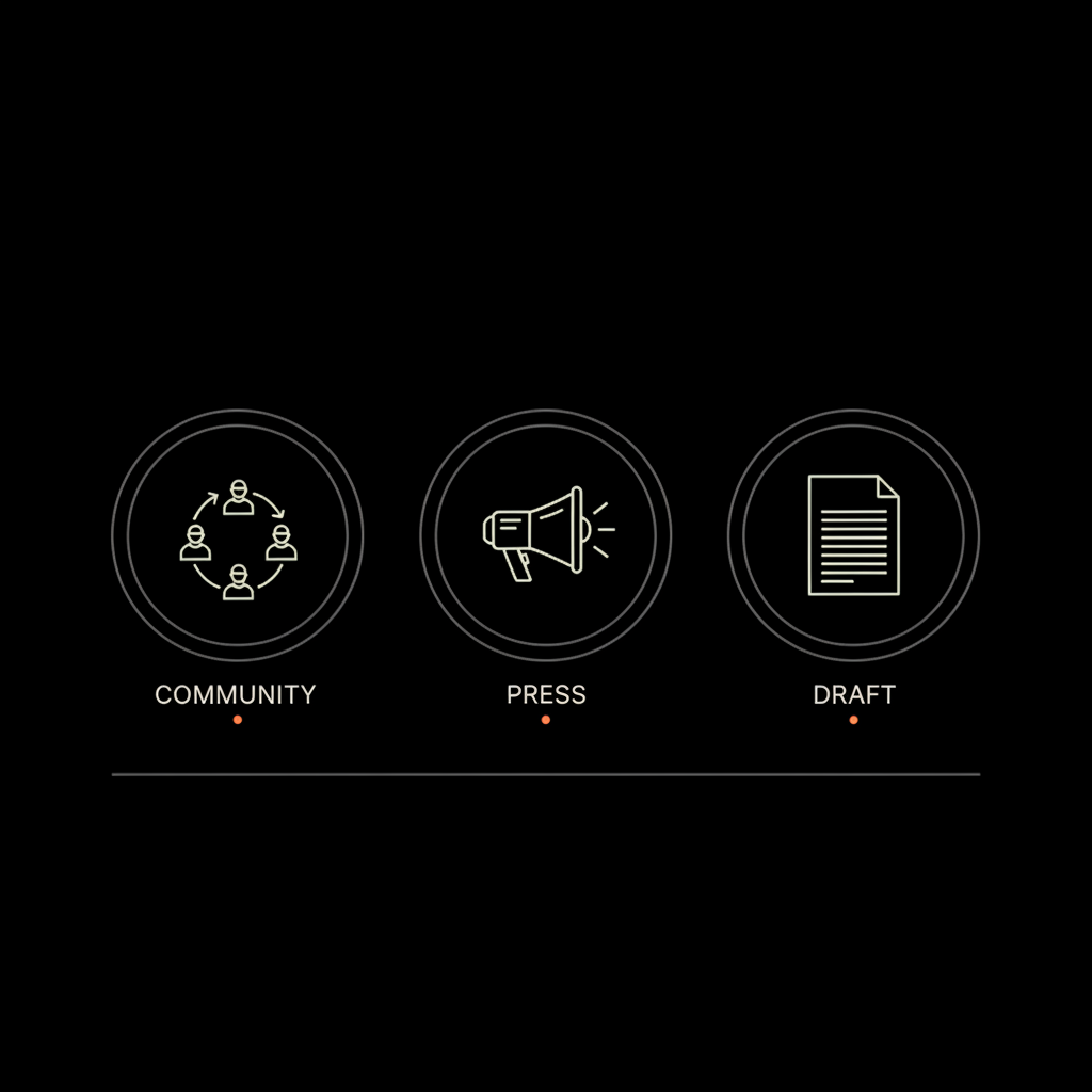 Are Wikipedia pages free to create infographic with three minimalist vector icons: community, press, neutral draft on black background with orange accent.