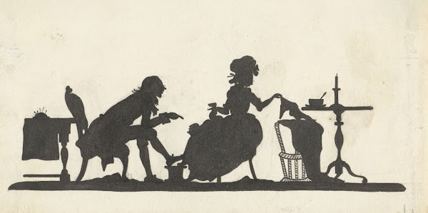 Silhouet van een echtpaar met kind in wieg 1884   1917