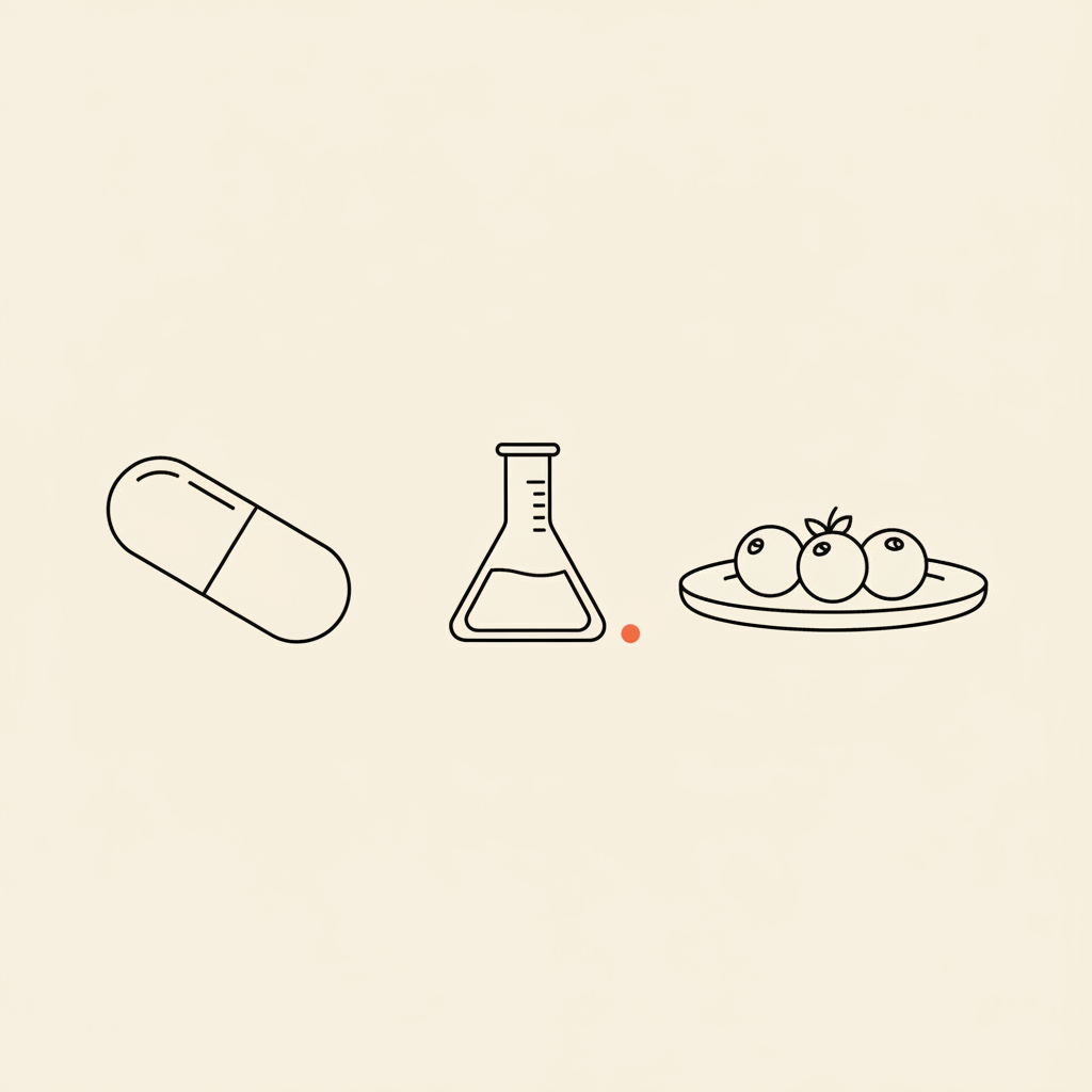 Minimal Tonum-style line illustration of a capsule, lab beaker, and plate with berries on beige background representing bariatric vitamins insurance