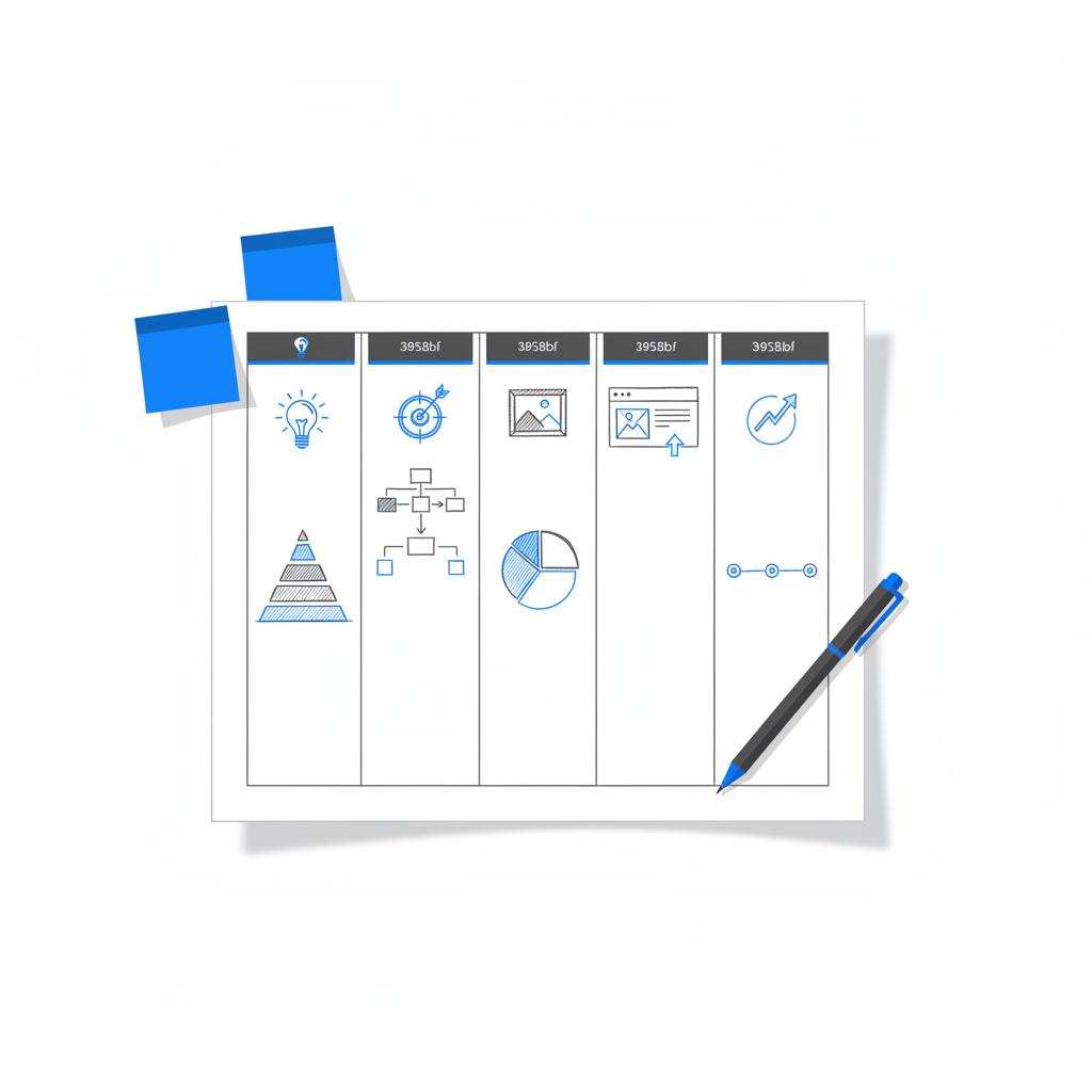 Flat 2D vector worksheet and desk composition showing five icon-headed planning columns and small diagrams for paid digital marketing ROI, pen and blue sticky notes on white background.