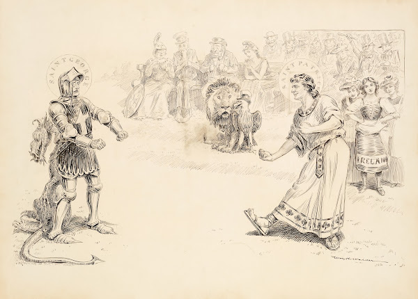 Saint George and Saint Patrick prepare to fight before a crowd 1906