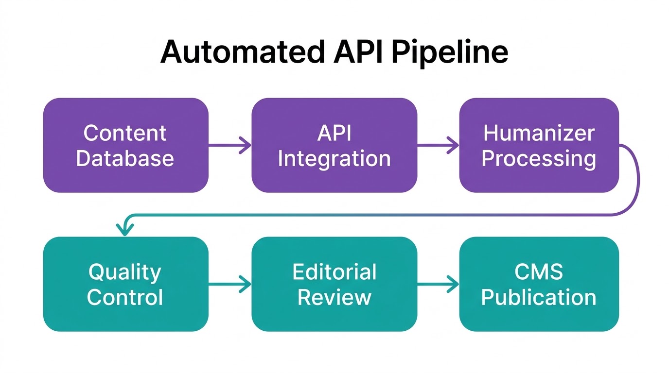 Five-stage bulk humanization workflow: create, prepare, process, review, publish