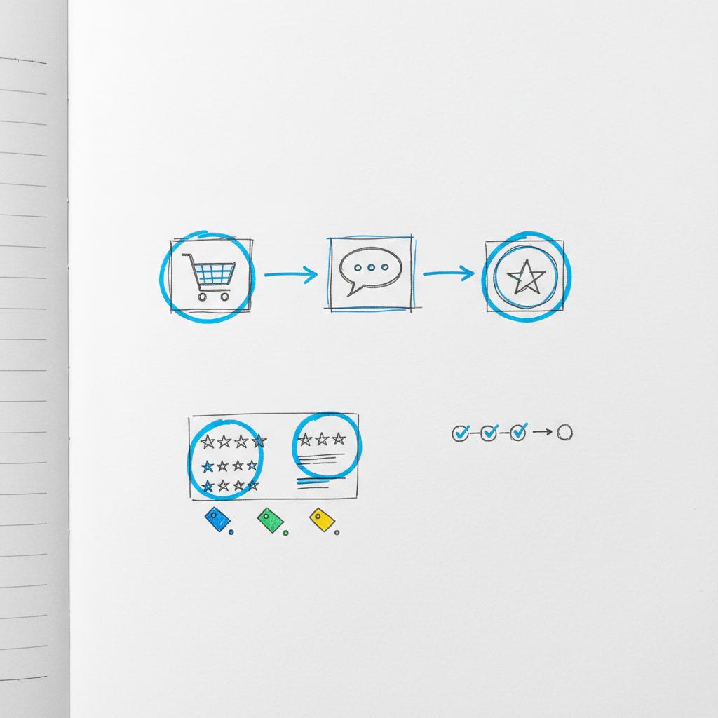 Close-up notebook sketch of review solicitation workflow and dashboard mockup showing star averages and sentiment tags for best reputation management software