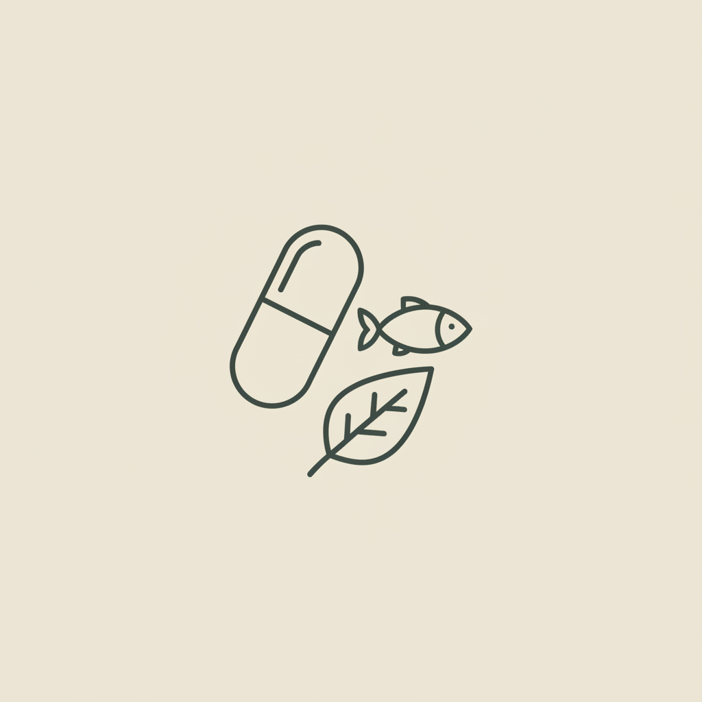 Minimal Tonum-style line illustration of a capsule, fish, and leaf clustered on beige background (#F2E5D5), representing nutrition for brain fog.