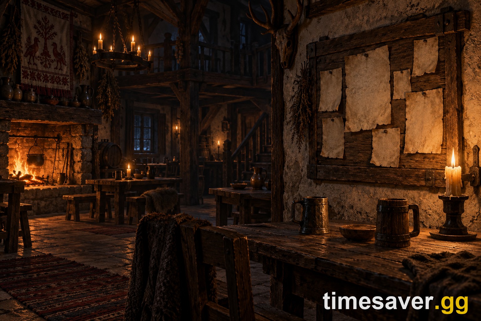 Candlelit medieval tavern interior with a notice board of blank parchments at night