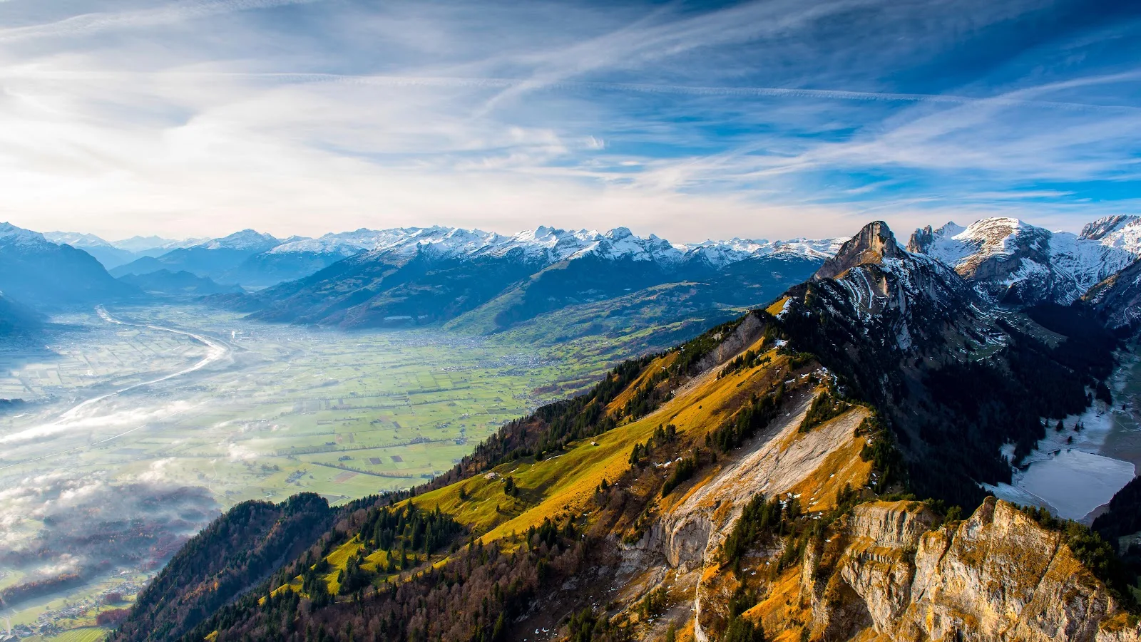 Snowy Mountain Ridge Over Valley - Landscape Photography 5K Wallpaper (6142x3458)