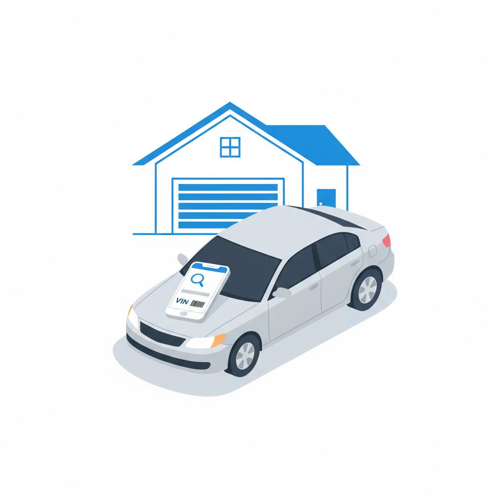 Minimal 2D vector of a used car in a driveway with a smartphone on the hood showing a simplified vin lookup interface in CarFax Deals blue and white kelley blue book vin lookup