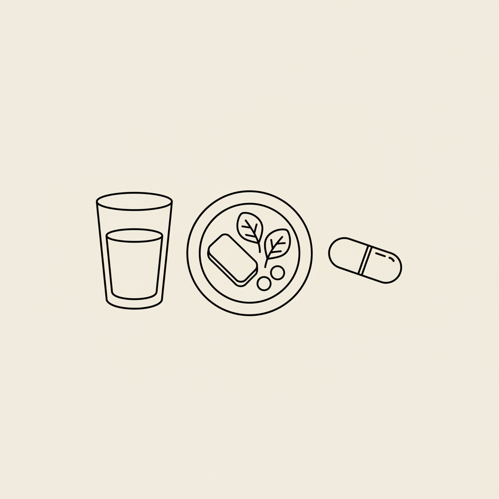 Minimalist vector line illustration of a glass of water, a portion-controlled plate and a capsule on a beige background, referencing poor man's Ozempic.
