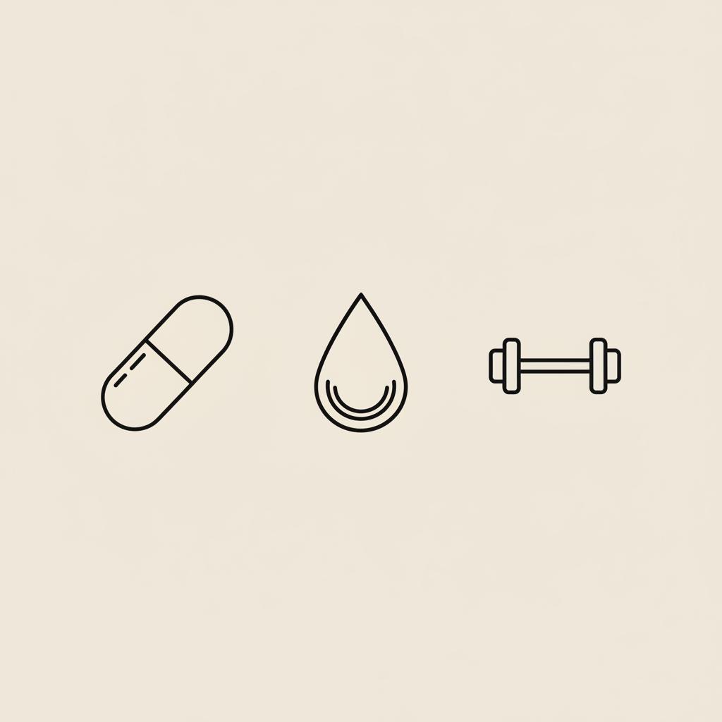 Minimalist Tonum-style line illustration of a capsule, water droplet, and small barbell on a beige background representing creatine and fat loss