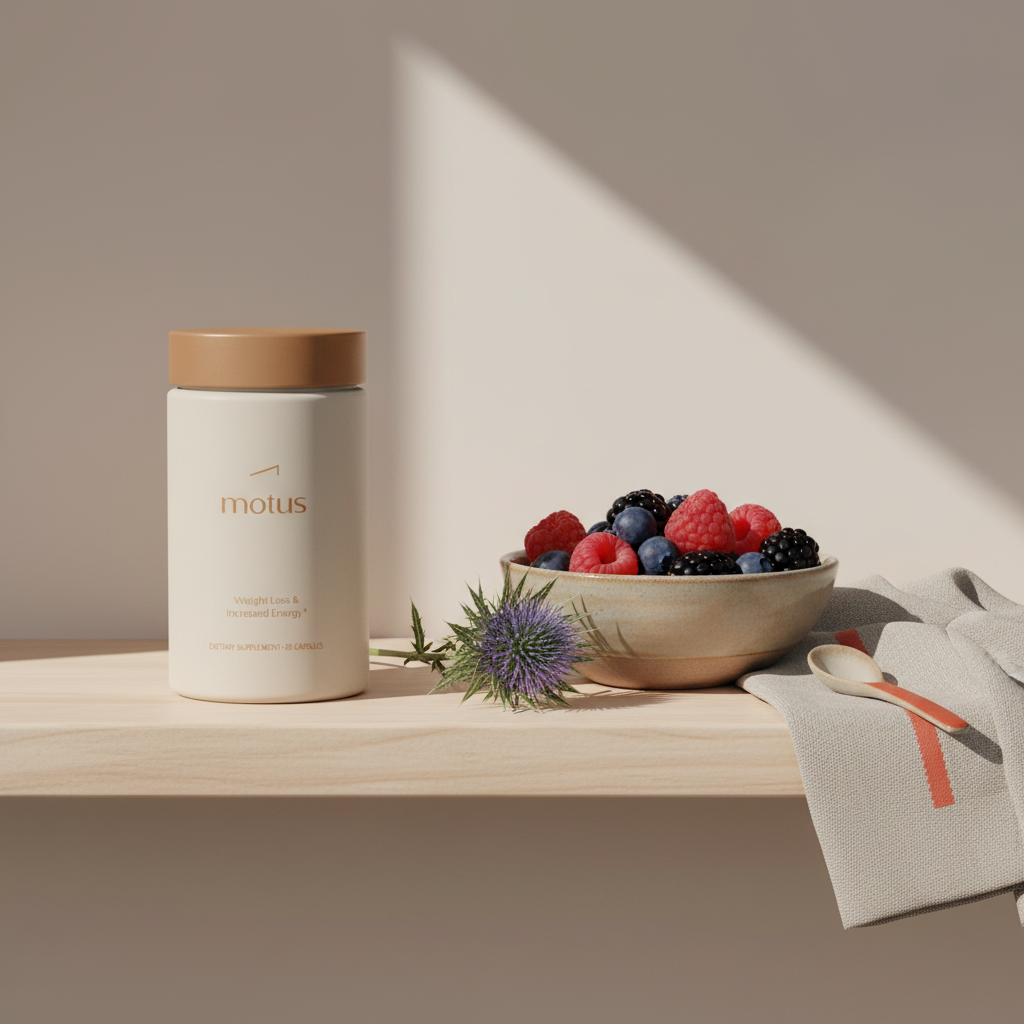 Motus supplement bottle on a wooden shelf next to a bowl of mixed berries and milk thistle sprig, minimalist Tonum palette for 14 day metabolism reset