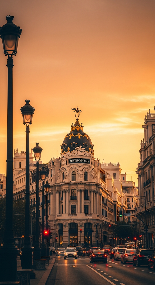 Madrid Gran Vía Metropolis Building at Sunset with Traffic and Streetlights