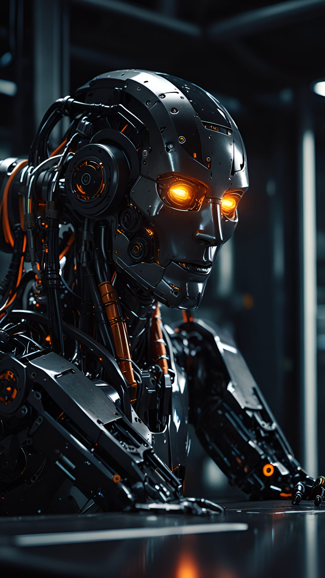Dark Android Robot Portrait Glowing Orange Eyes - Free 4K mobile Wallpaper