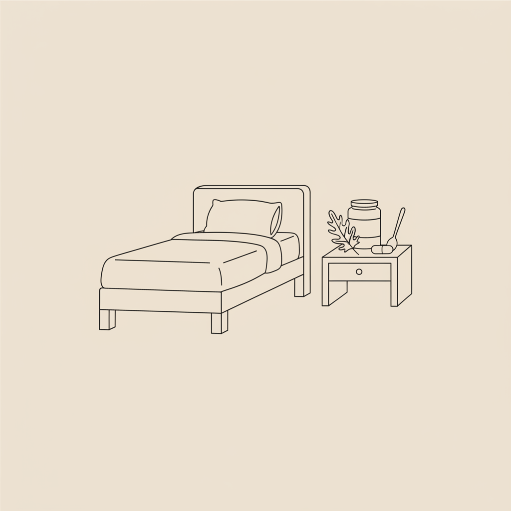 Minimalist Tonum-style line illustration of a bedside scene with a jar, spoon, milk thistle leaf and capsule, representing night-time fat burners