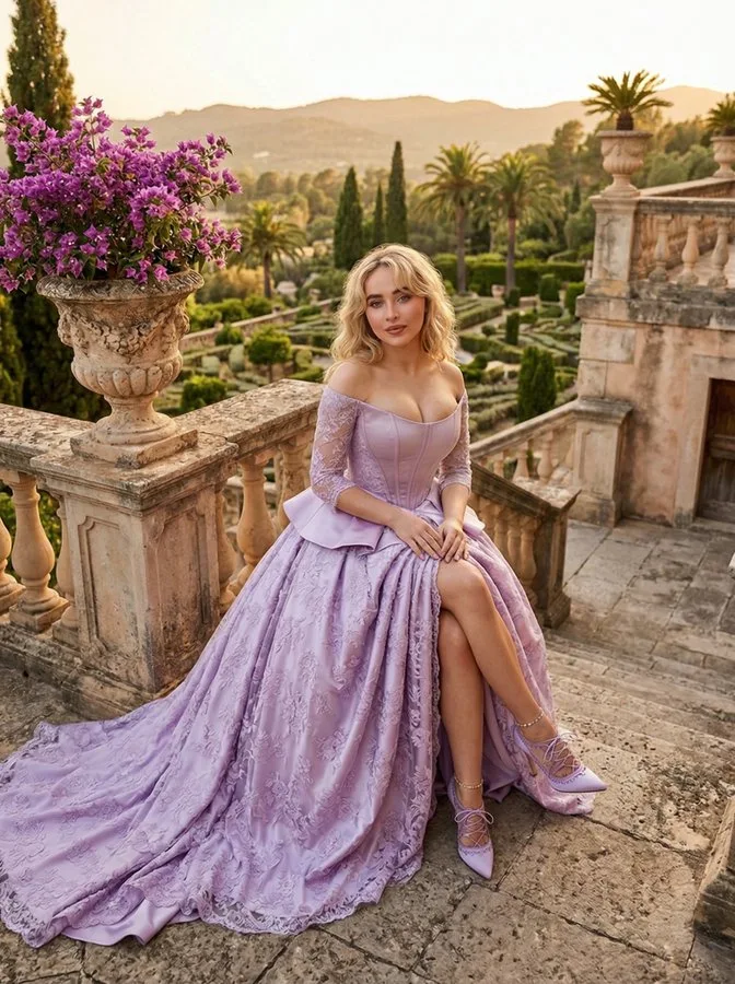 Retrato de Sabrina Carpenter con un elegante vestido de gala.