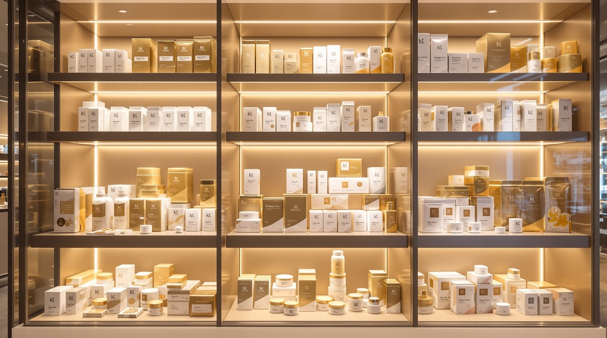 쿠팡다이어트간식  프리미엄 K-이너뷰티 브랜드 리부트의 클렌즈 유산균, 유산균 젤리, 슬릿 등 대표 쿠팡다이어트간식이 고급스러운 패키지와 함께 현대적 인테리어 매장, 백화점, 호텔 등 다양한 유통 채널 환경에 전시된 모습