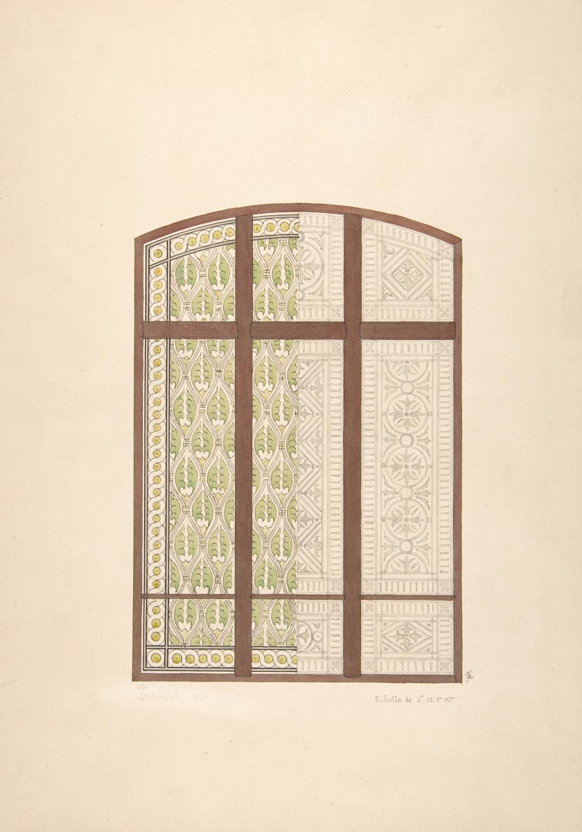 Design for an arched stained glass window showing two alternative patterns 1869