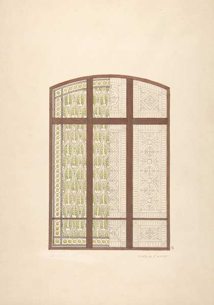 Design for an arched stained glass window showing two alternative patterns 1869