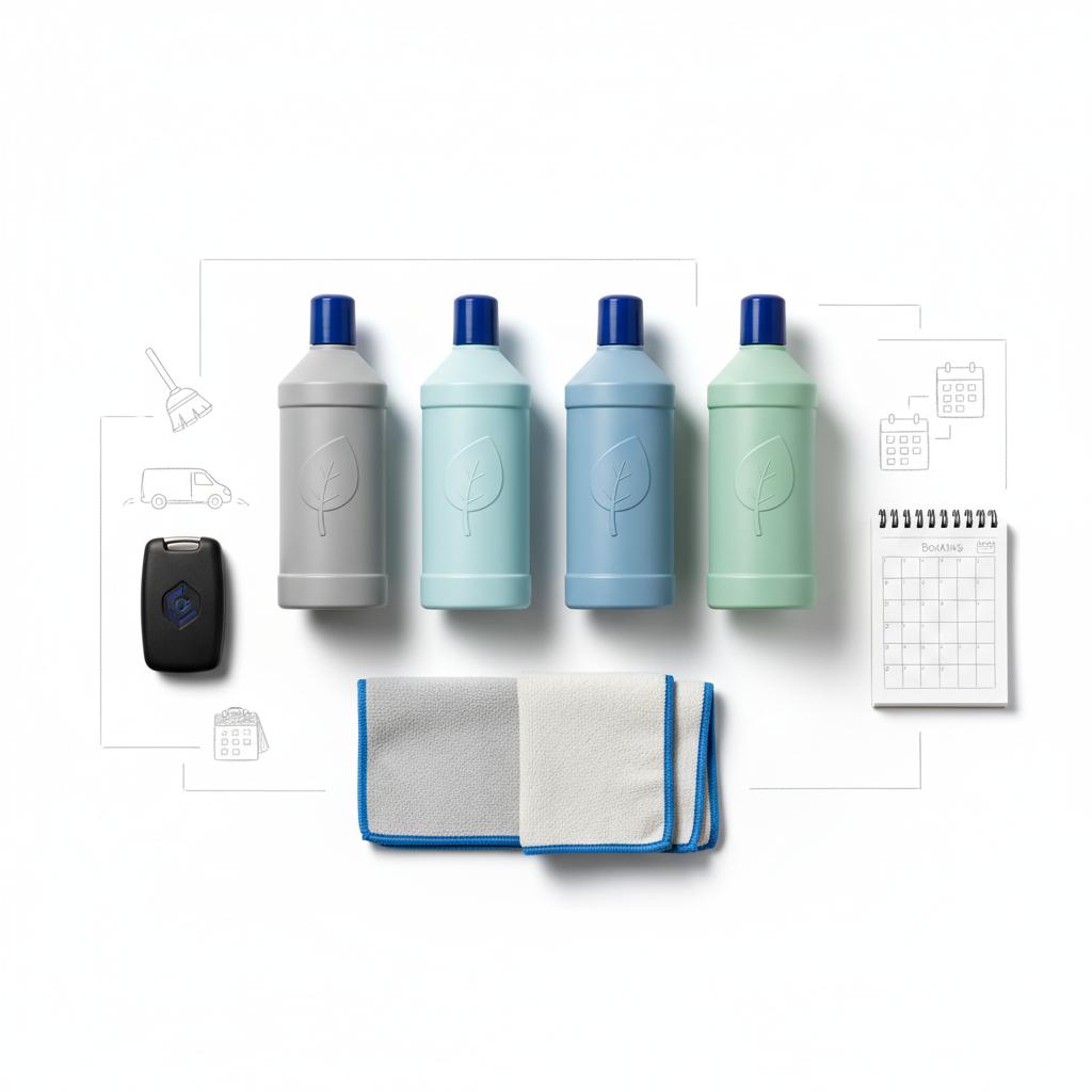 Top-down minimalist photo of eco-friendly cleaning bottles with leaf icons, microfiber cloths, branded van key fob and booking notepad &mdash; how to write an ad for a cleaning service