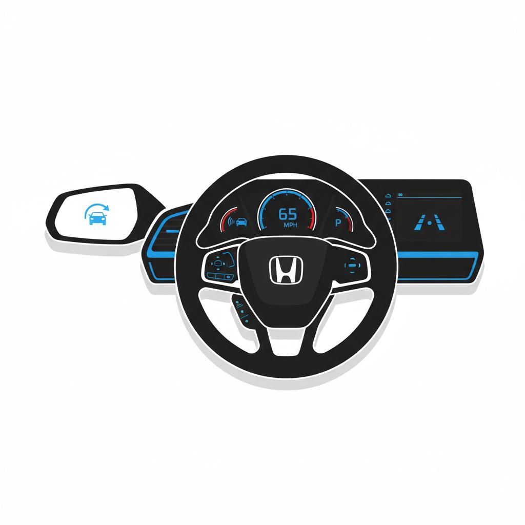 Minimalist 2D vector close up of a Honda dashboard showing blind spot indicator adaptive cruise control and lane assist icons in blue accents on white background honda for sale