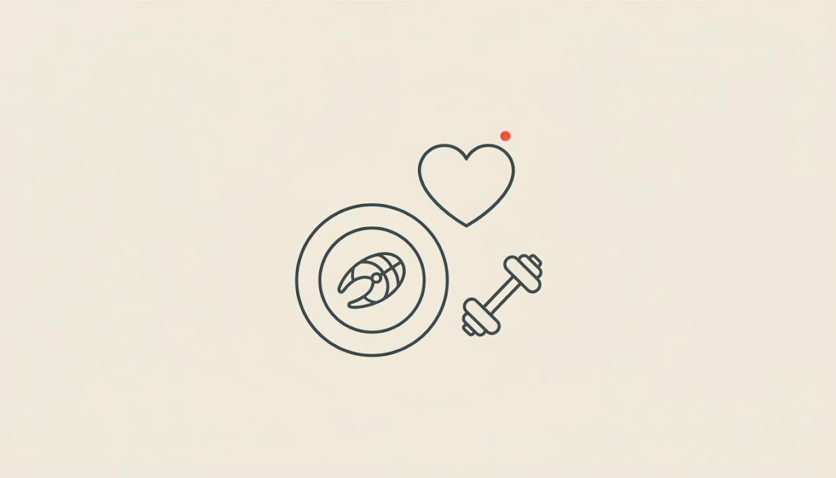 Minimalist 2D vector line illustration of a plate with portioned protein, small dumbbell, and heart on beige background to boost metabolism after 40.