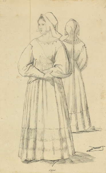 Woman in bonnet and long dress with full sleeves with back view shown in mirror