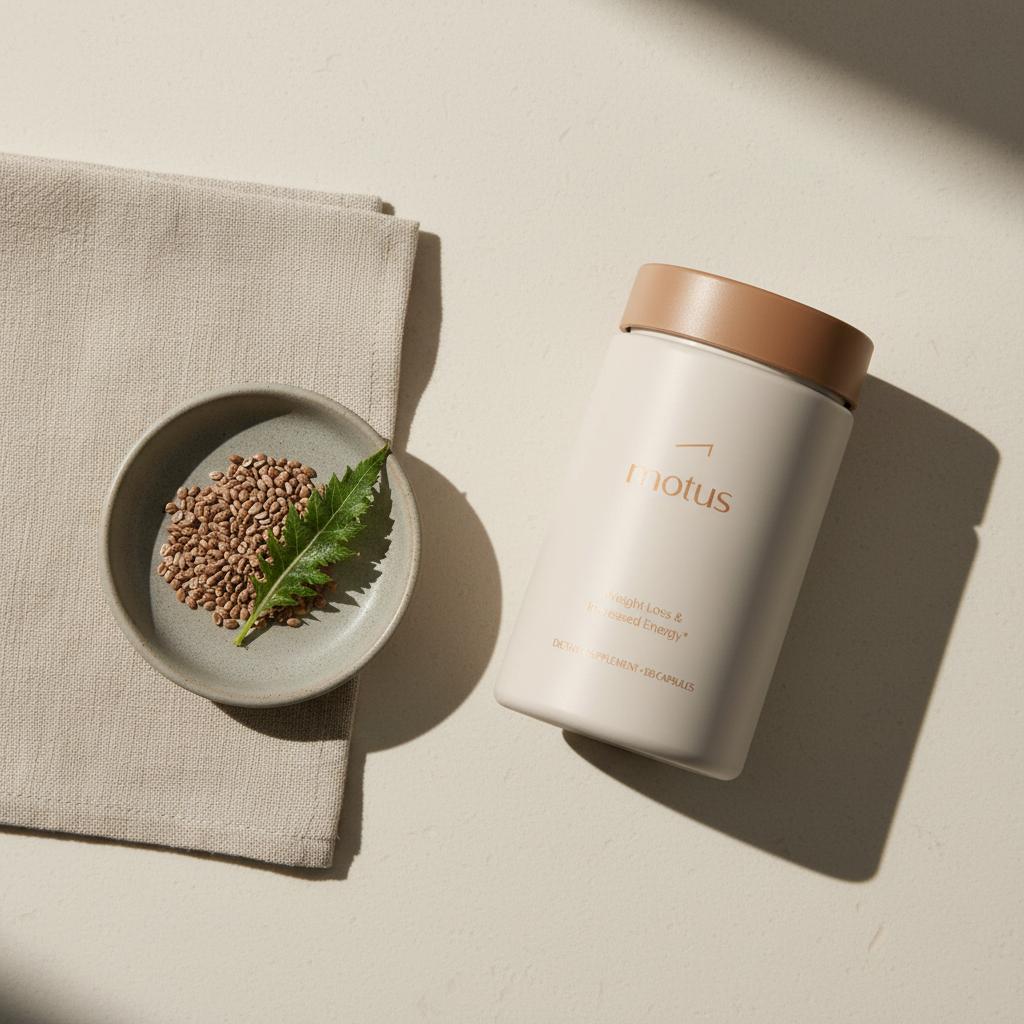 Minimalist full-frame photo of the best liver supplement jar on a clean countertop with milk thistle seeds and a single green leaf, soft left natural light