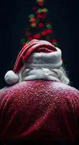 Santa Claus Back View Snowy Suit Christmas Tree Bokeh