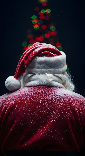 Santa Claus Back View Snowy Suit Christmas Tree Bokeh - Free mobile Wallpaper
