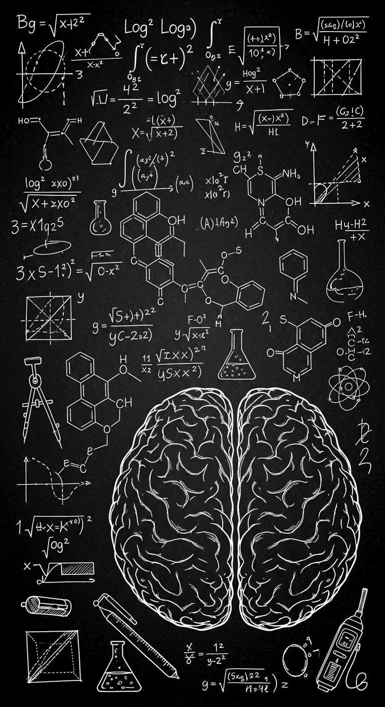 Black and White Science Doodle of Brain and Formulas on Chalkboard - Free 4K mobile Wallpaper