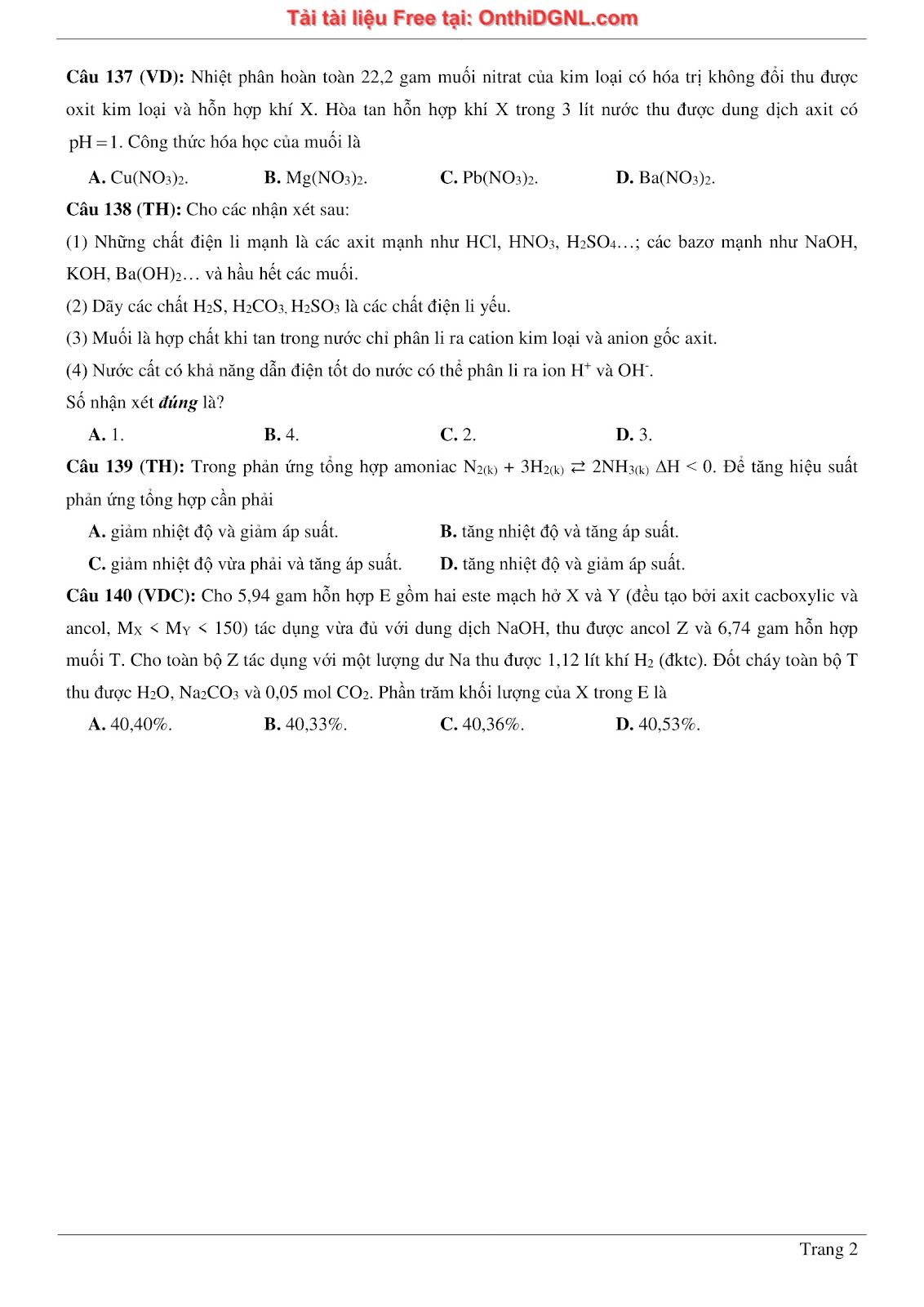 260 bài tập môn Hóa học - Ôn thi ĐGNL ĐHQG Hà Nội Phần 2