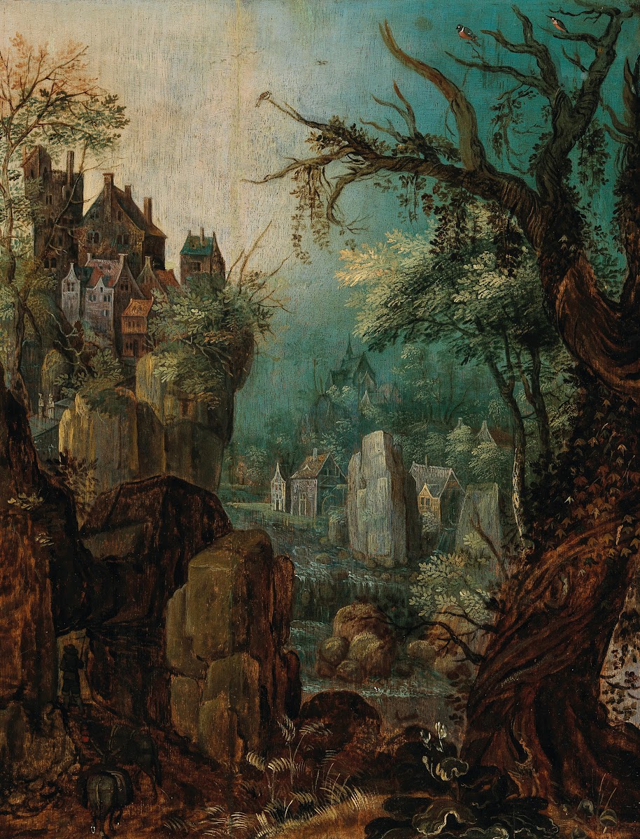 A mountainous river landscape with a peasant leading two donkeys a village beyon