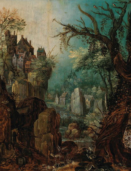 A mountainous river landscape with a peasant leading two donkeys a village beyon