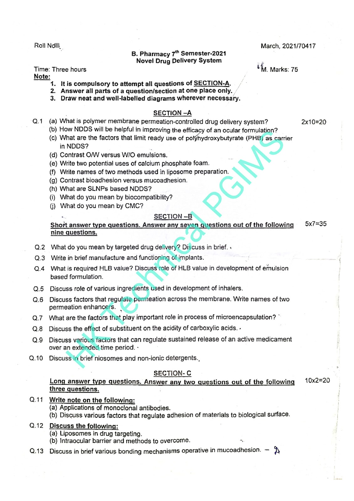 BP704T Novel Drug Delivery System UHSR 7th Semester B.Pharmacy Previous Year's Question Paper,BP704T Novel Drug Delivery System,BPharmacy,BPharm 7th Semester,Previous Year's Question Papers,PGIMS Question Paper,Novel Drug Delivery System (NDDS),University of Health Sciences Rohtak (UHSR),