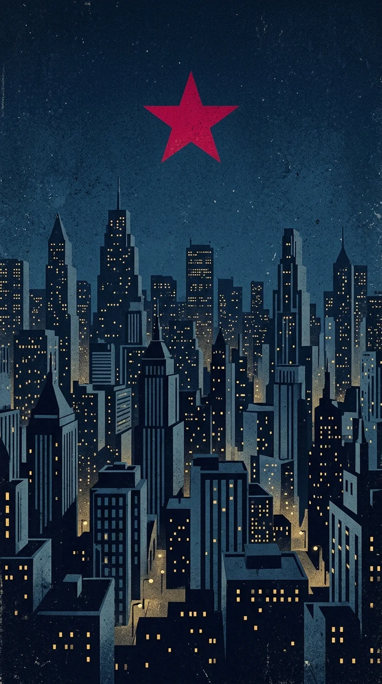 Retro Noir City Skyline with Vibrant Red Star and Textured Sky - Free 4K mobile Wallpaper