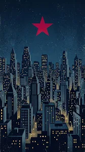 Retro Noir City Skyline with Vibrant Red Star and Textured Sky