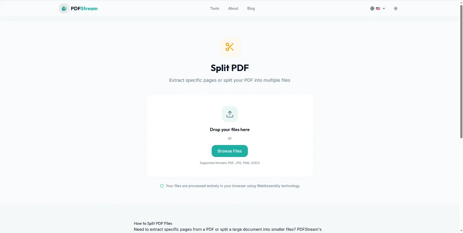 Split PDF into separate pages free - PDFStream browser based PDF splitter no upload 2026