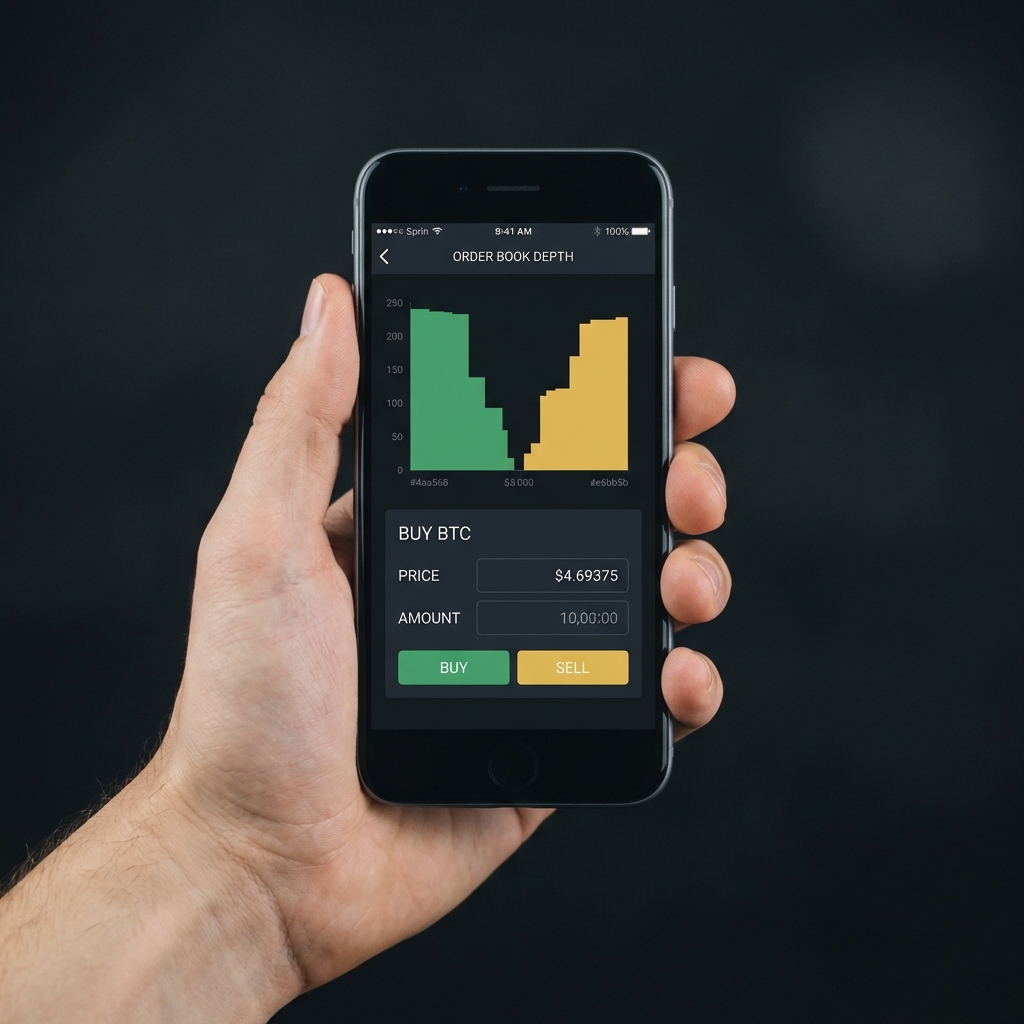 Hand holding smartphone showing order book depth bars and compact buy form in Finance Police style best app for trading crypto