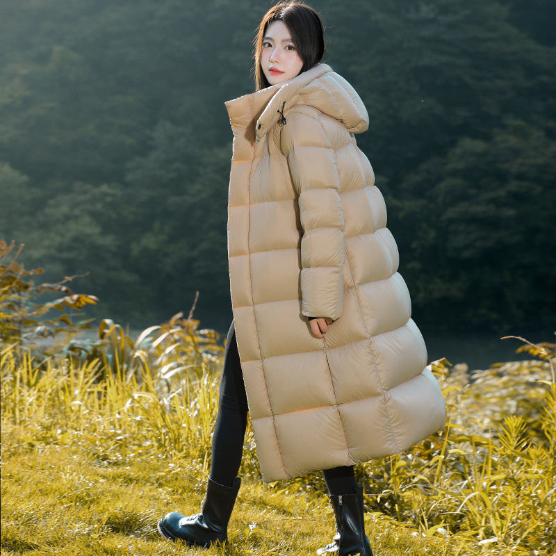 Long women's down coat with white goose down filling
