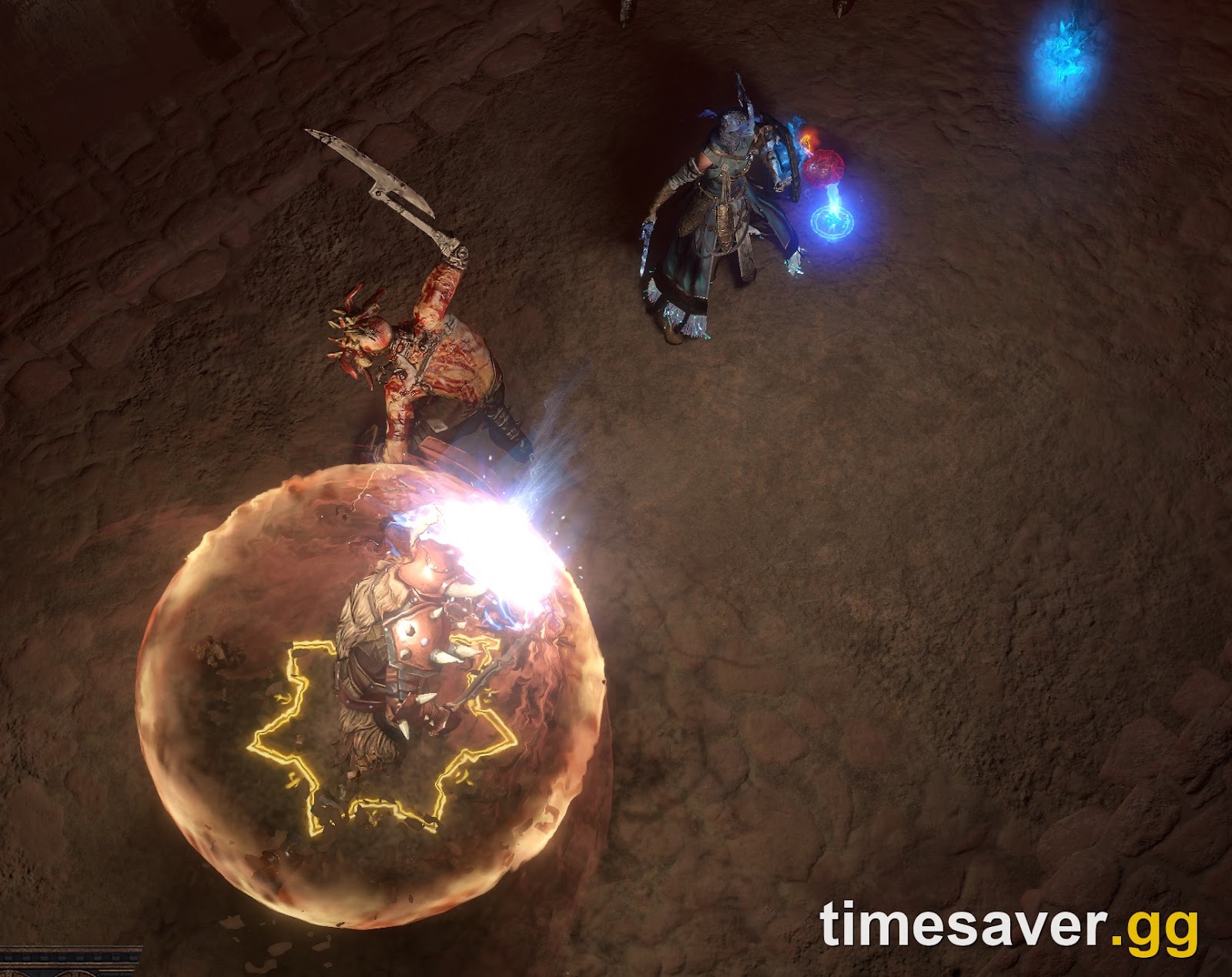 A Path of Exile character fighting alongside a permanently hired Mercenary of Trarthus ally in a 3.29 map
