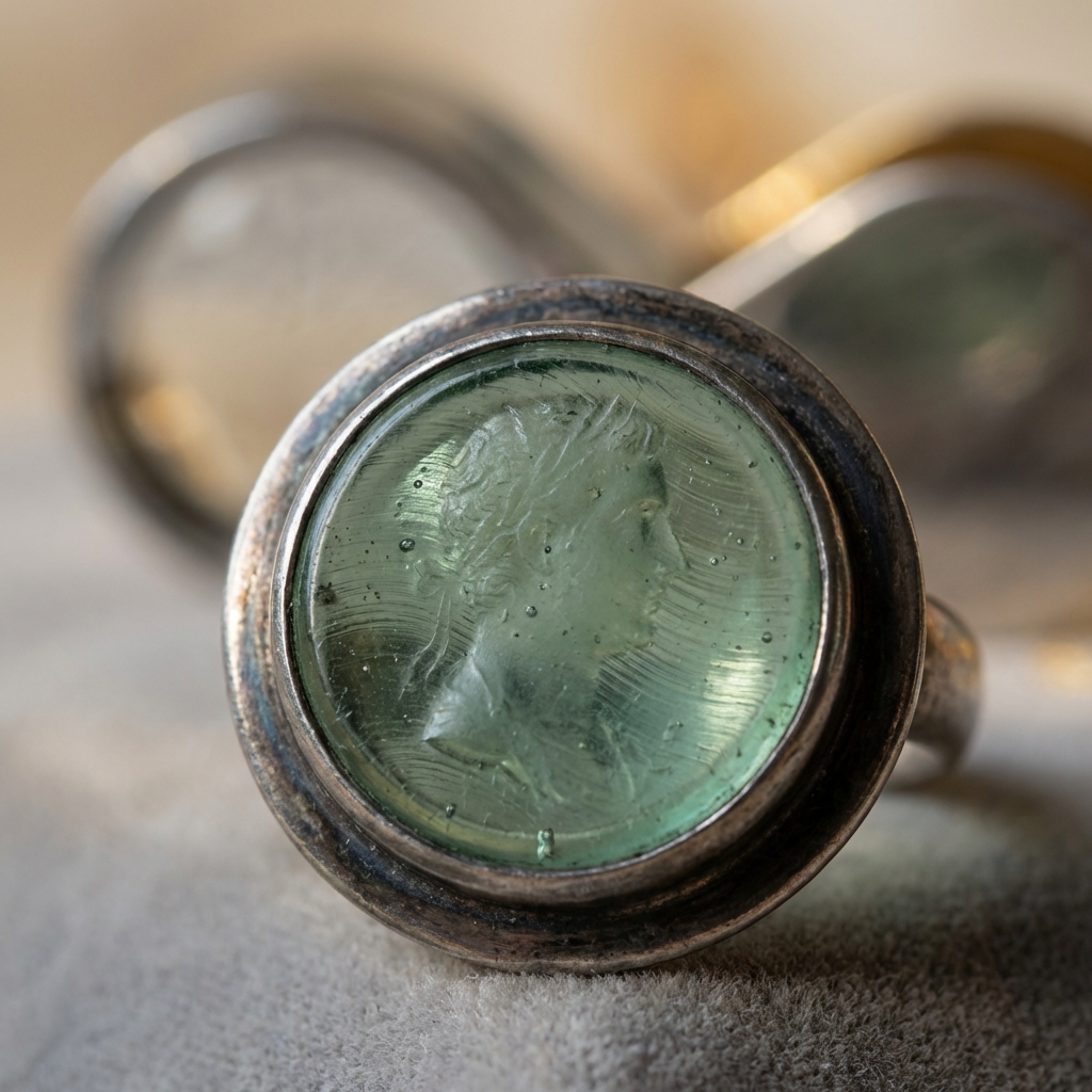 Macro close up of roman glass jewelry intaglio set in antique silver showing flow lines and internal bubbles with a 10x loupe softly out of focus