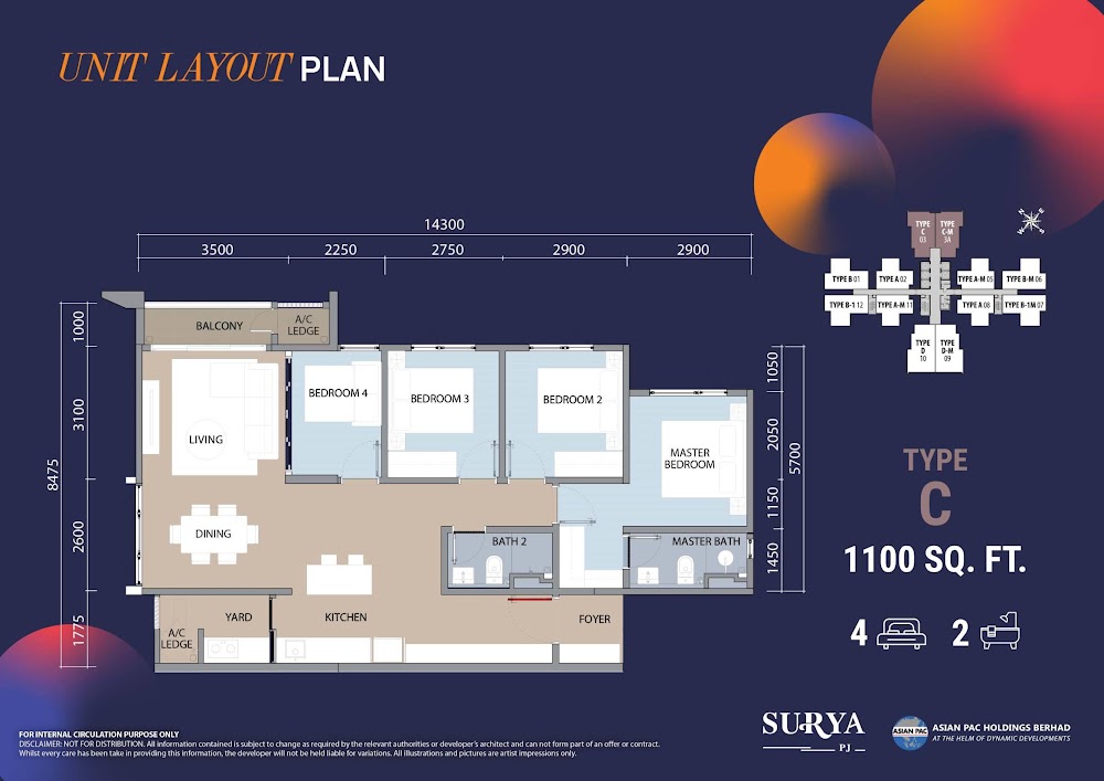 Dwi Aurora Type C floor plan — 1207 sq ft, 3 bedrooms