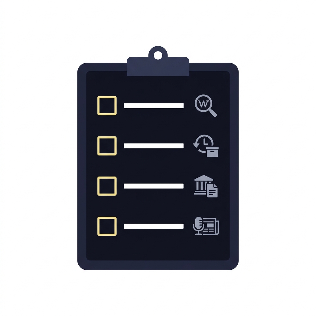 Minimalist vector clipboard checklist with four icon based rows representing whois archive registry and press checks on a dark Funded Plays background busr sportsbook