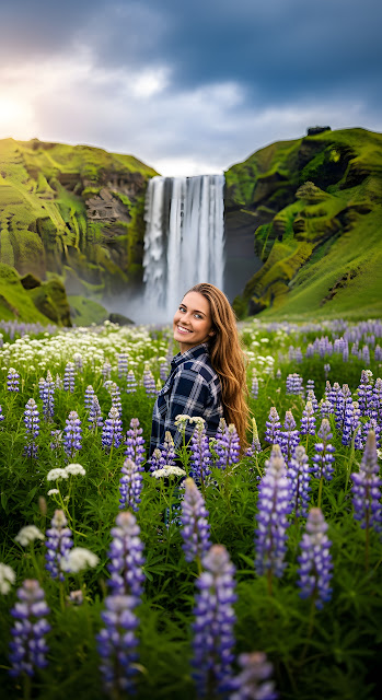 Portrait of a Smiling Woman in Wildflowers with Skógafoss Waterfall in the Background - Free mobile Wallpaper