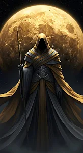 Mysterious Hooded Figure Against Golden Celestial Body
