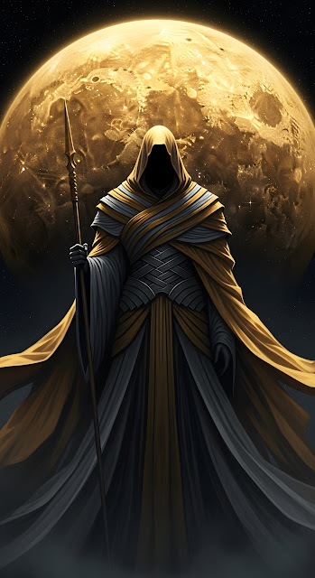 Mysterious Hooded Figure Against Golden Celestial Body - Free mobile Wallpaper