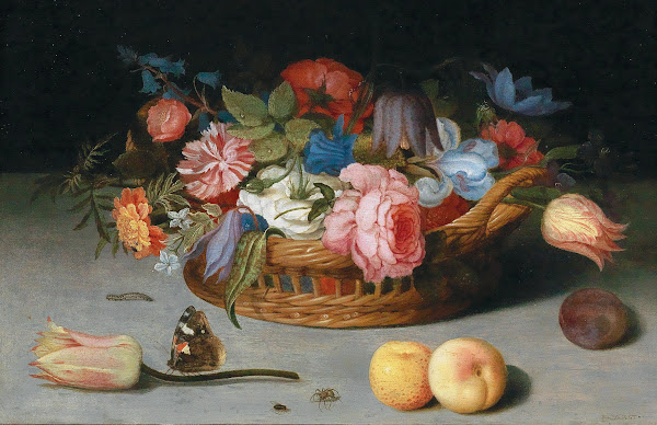 Roses tulips irises and other flowers in a wicker basket with fruit and insects
